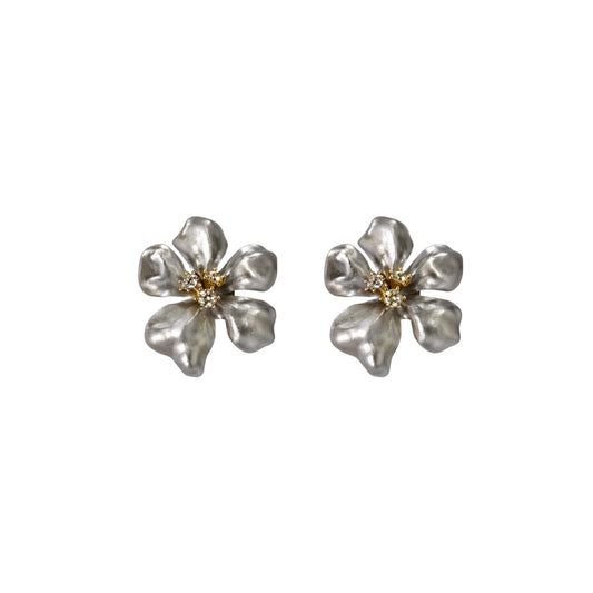 Kenneth Jay Lane Vintage Floral Clip-On Earrings Silver Tone With Gold Center Detail