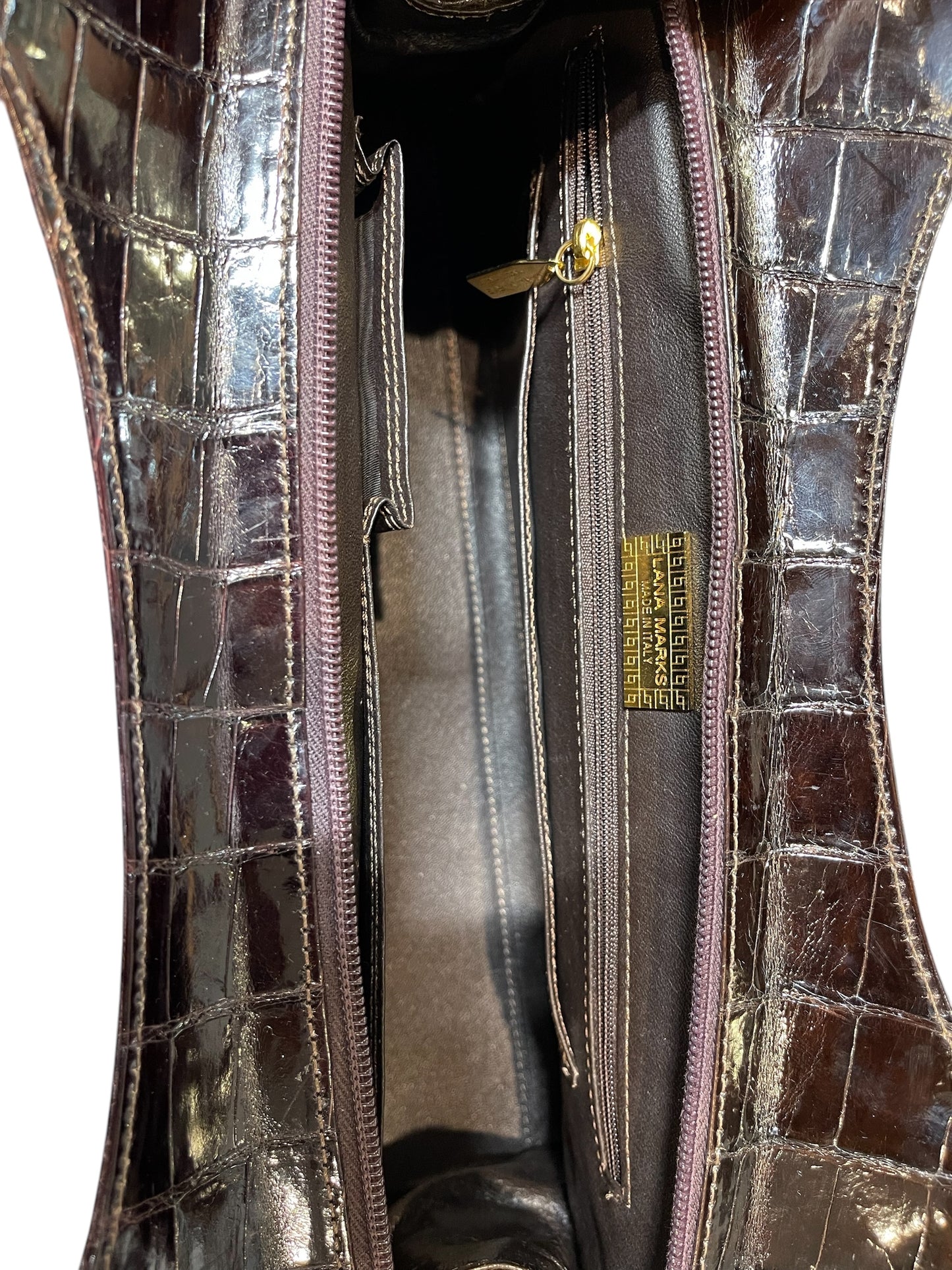 Lana Marks Brown Crocodile Wooden Handles Handbag