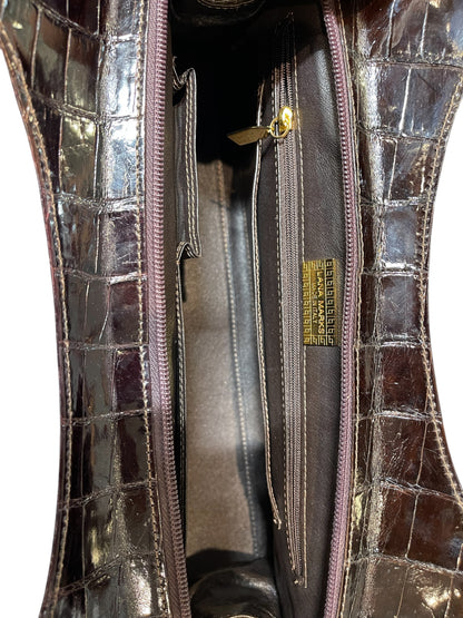 Lana Marks Brown Crocodile Wooden Handles Handbag
