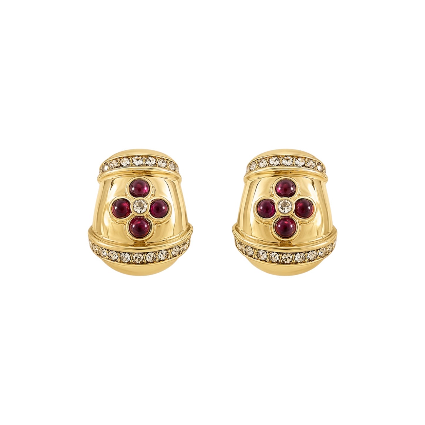 Ciner Gold Tone Red Cabochon & Crystal Clip-On Earrings