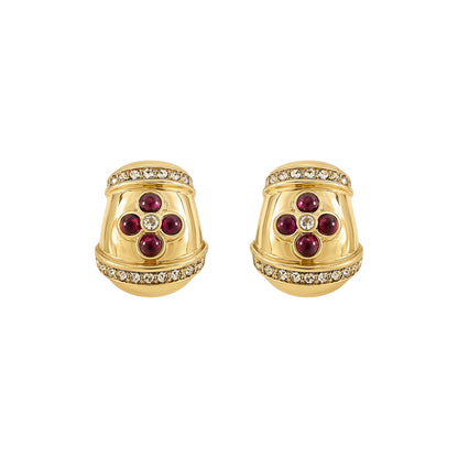 Ciner Gold Tone Red Cabochon & Crystal Clip-On Earrings