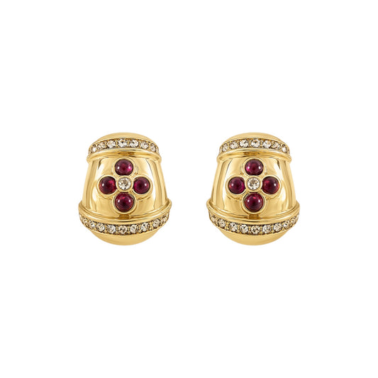 Ciner Gold Tone Red Cabochon & Crystal Clip-On Earrings