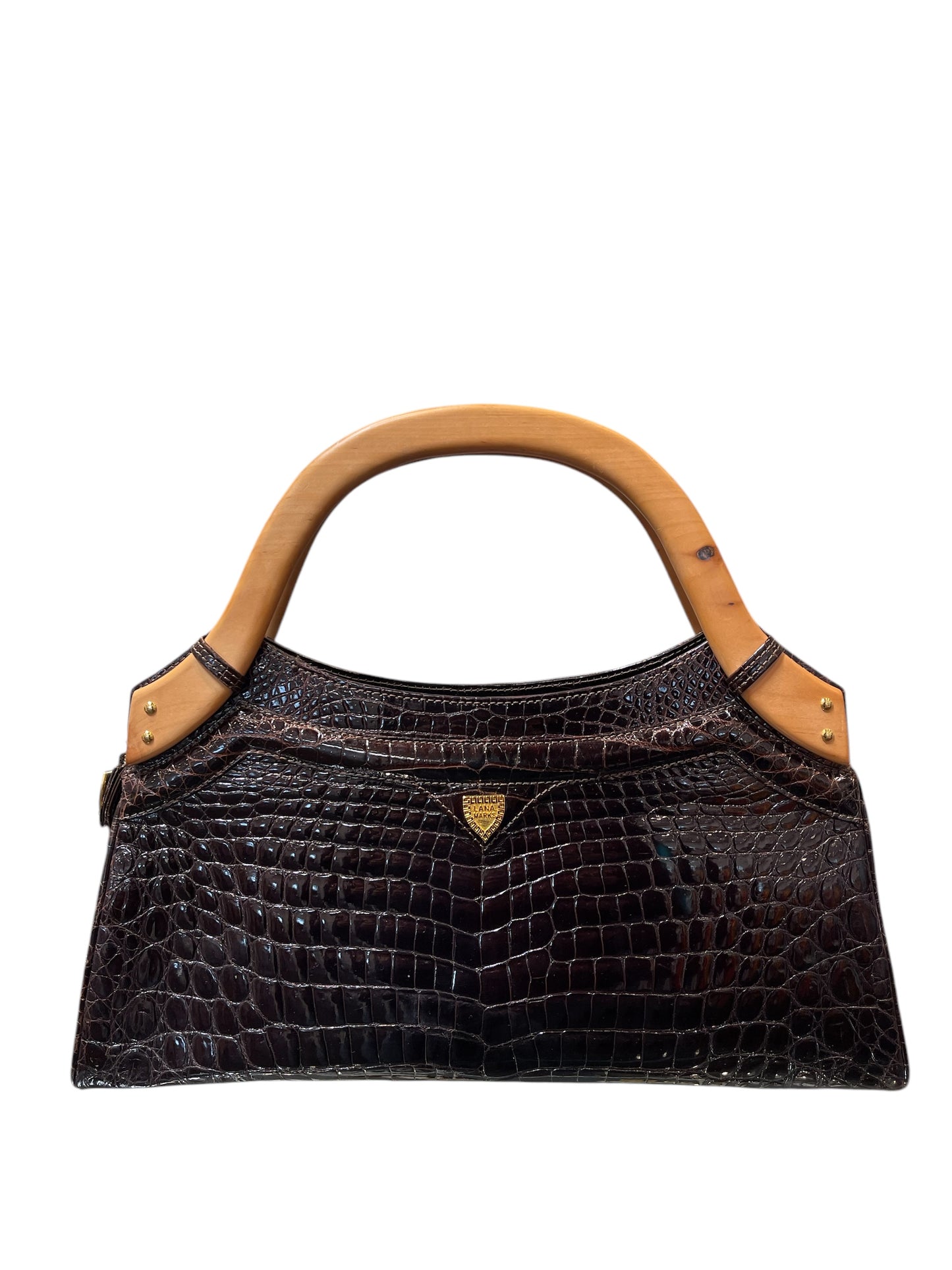 Lana Marks Brown Crocodile Wooden Handles Handbag