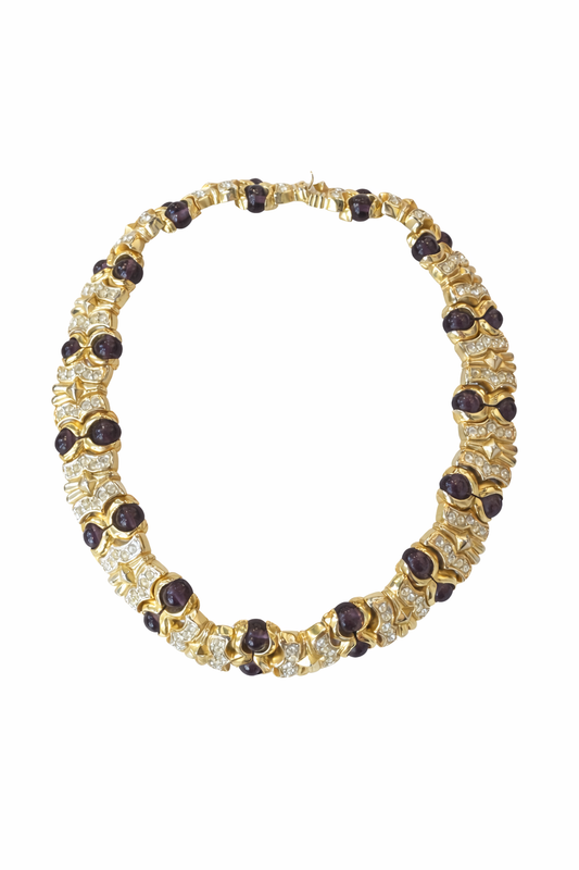 Vintage Gold Tone Purple Cabochon & Crystal Statement Necklace