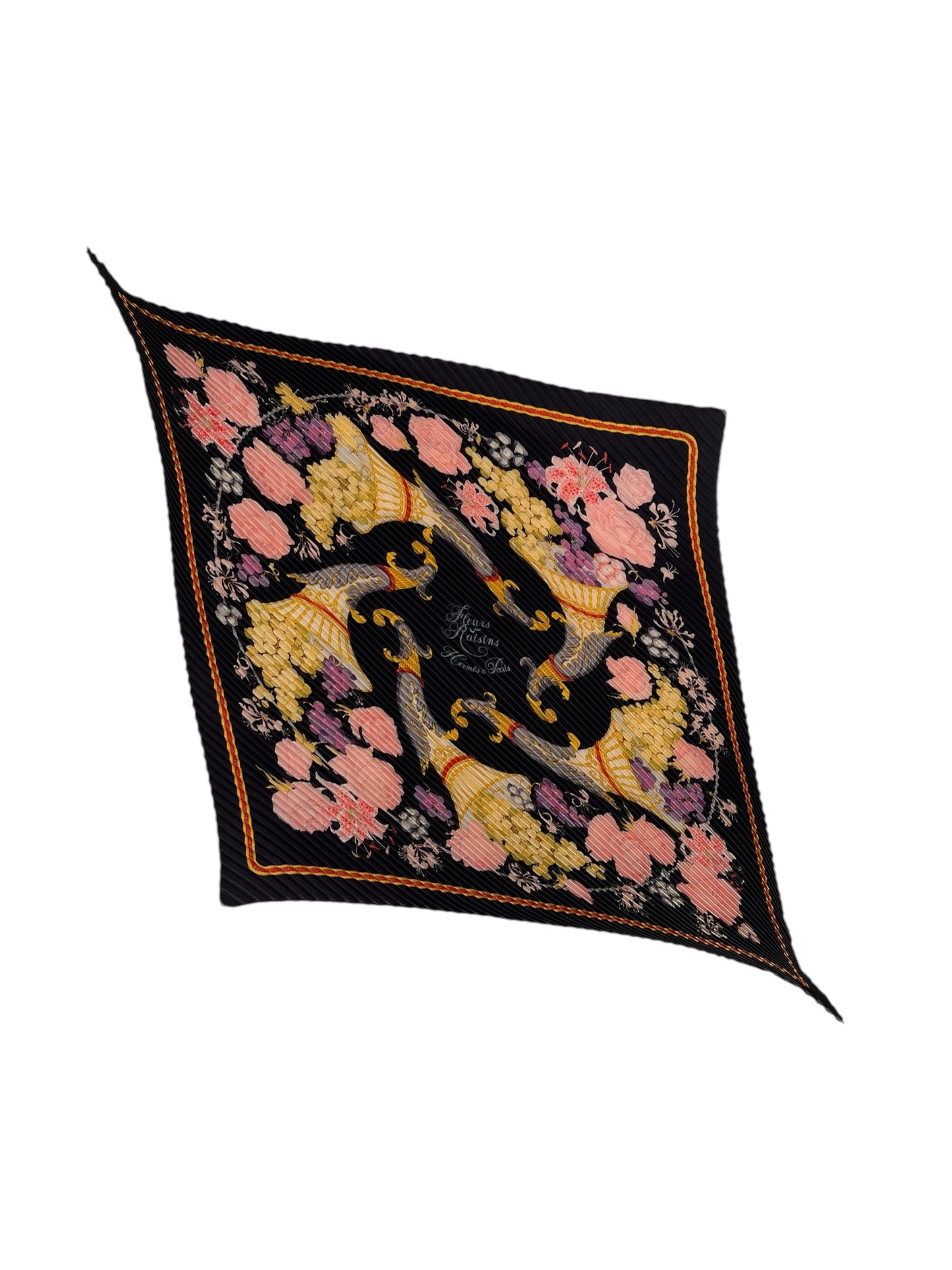 Hermes "Fleurs Raisins" Plisse Silk Scarf By Christiane Vauzelles