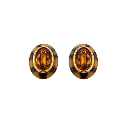 Breveté Tortoise Shell Resin Amber Crystal Clip-On Earrings