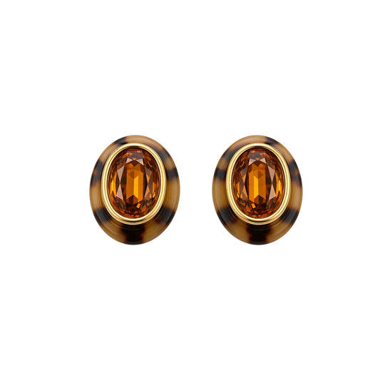 Breveté Tortoise Shell Resin Amber Crystal Clip-On Earrings
