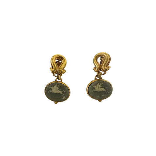 Lazaro Intaglio Horse Cameo Drop Earrings Gold Tone