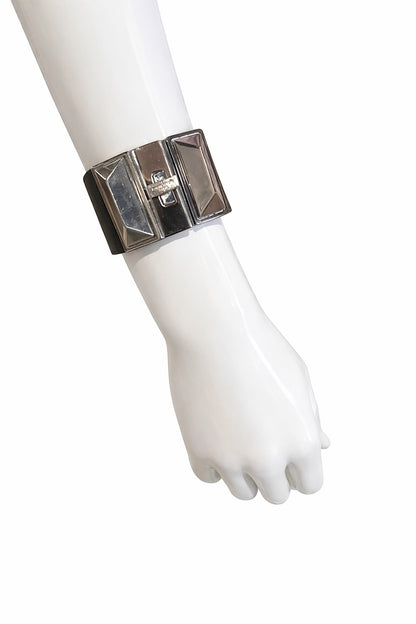 Saint Laurent With Bold Signature Silver Clasp Cuff Bracelet
