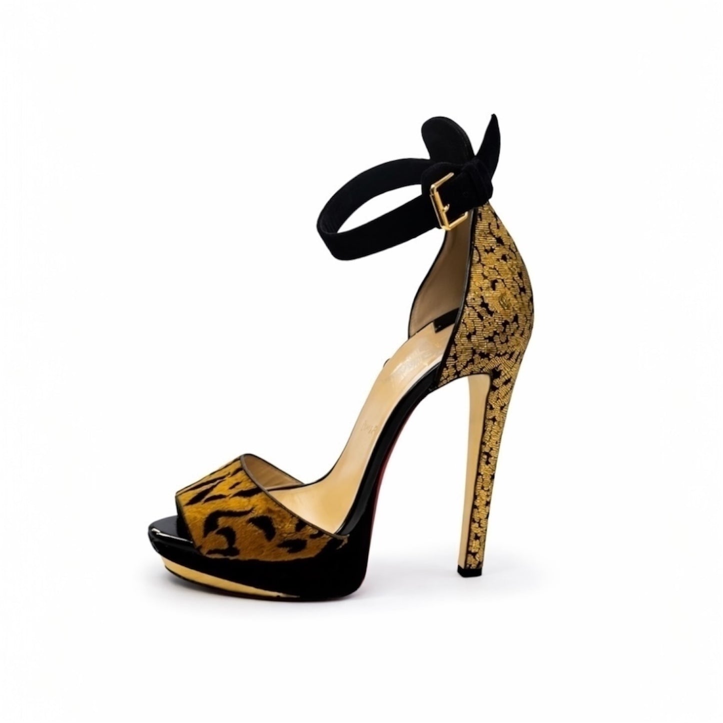 Christian Louboutin Gold Brocade & Leopard Platform Ankle Strap Heels. Size 40 EU/ 9.5 US