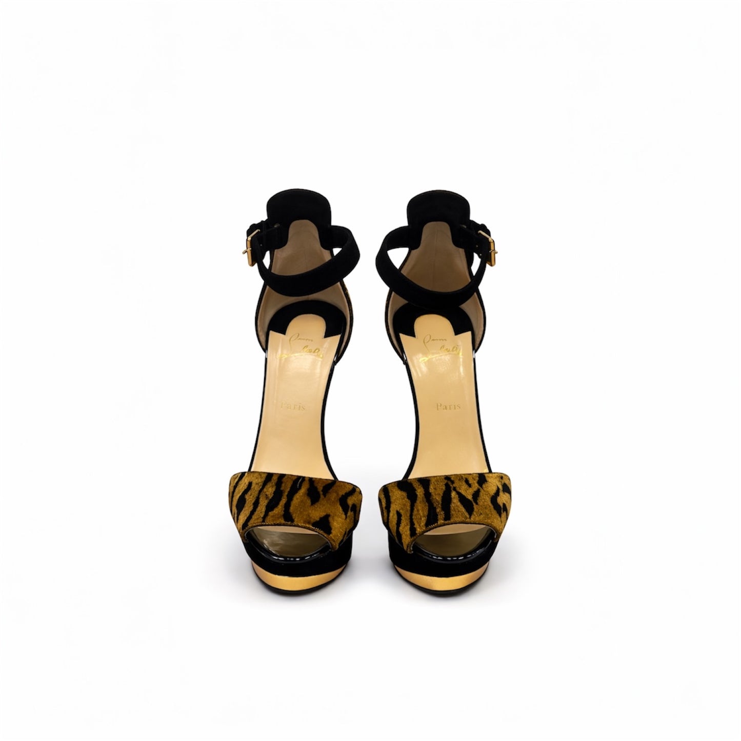 Christian Louboutin Gold Brocade & Leopard Platform Ankle Strap Heels. Size 40 EU/ 9.5 US