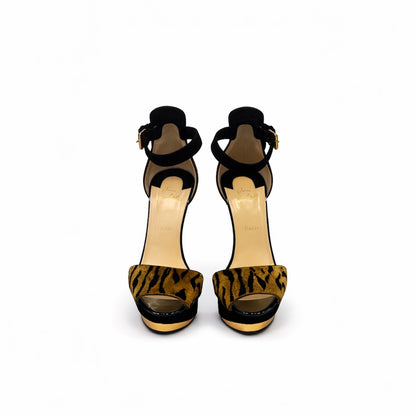 Christian Louboutin Gold Brocade & Leopard Platform Ankle Strap Heels. Size 40 EU/ 9.5 US