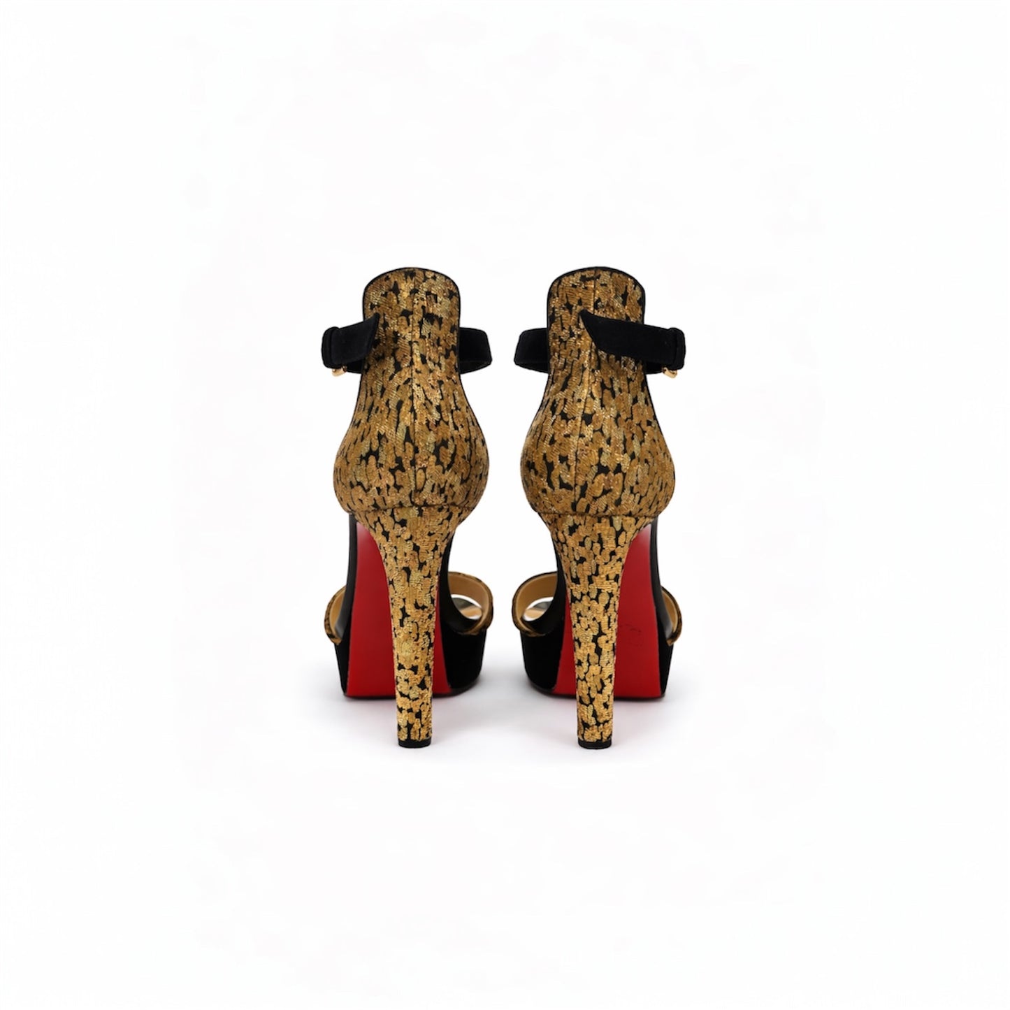 Christian Louboutin Gold Brocade & Leopard Platform Ankle Strap Heels. Size 40 EU/ 9.5 US