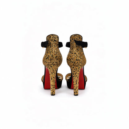 Christian Louboutin Gold Brocade & Leopard Platform Ankle Strap Heels. Size 40 EU/ 9.5 US