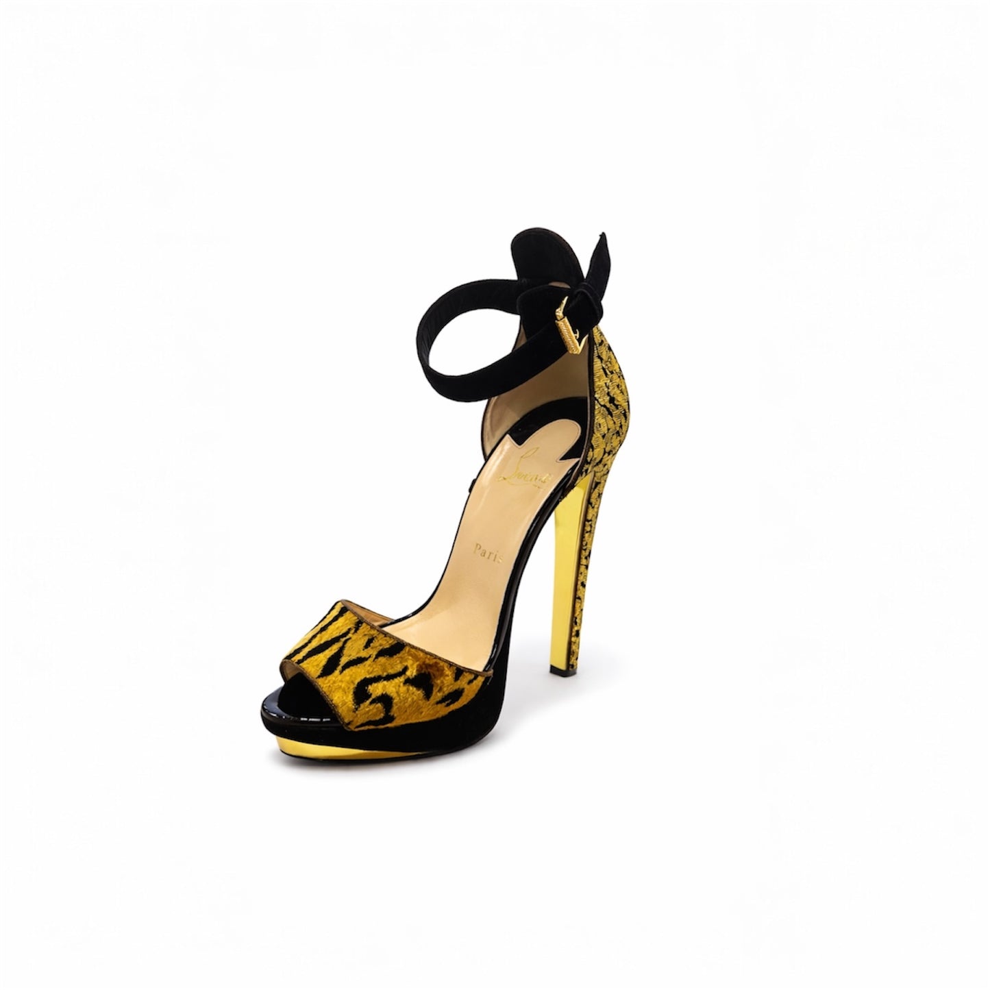Christian Louboutin Gold Brocade & Leopard Platform Ankle Strap Heels. Size 40 EU/ 9.5 US