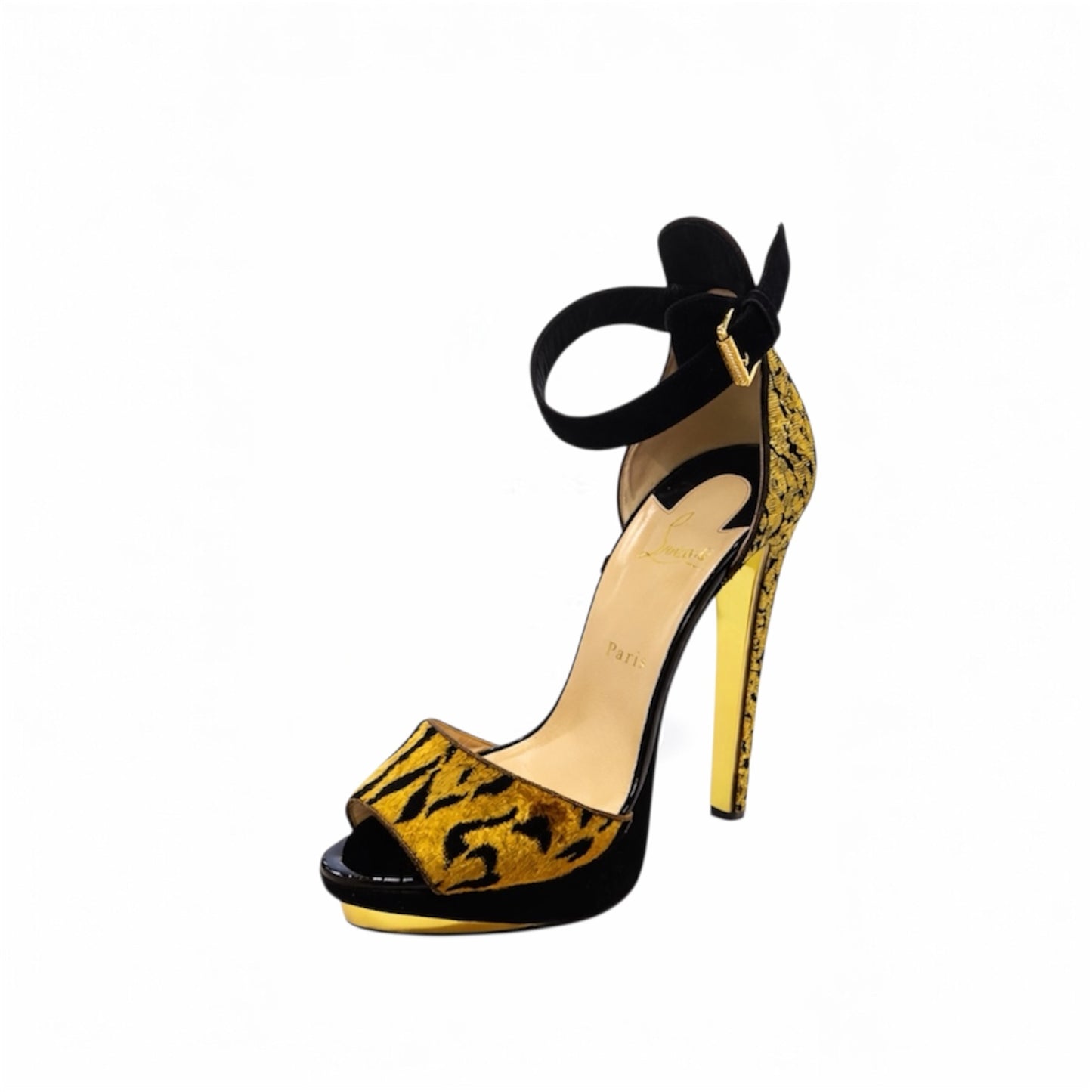 Christian Louboutin Gold Brocade & Leopard Platform Ankle Strap Heels. Size 40 EU/ 9.5 US