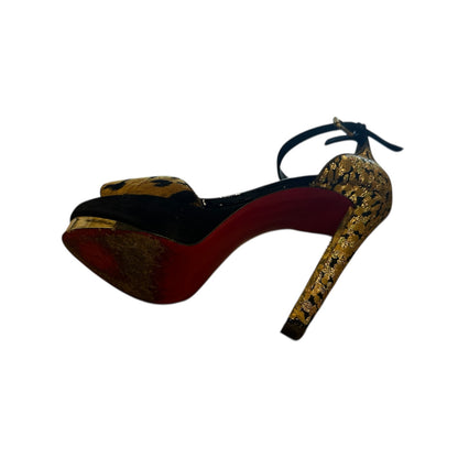 Christian Louboutin Gold Brocade & Leopard Platform Ankle Strap Heels. Size 40 EU/ 9.5 US