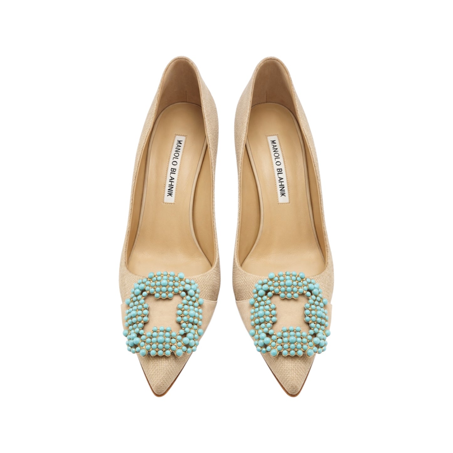Manolo Blahnik Hangisi Beige Flannel Pumps With Turquoise Beaded Buckle Size 38.5