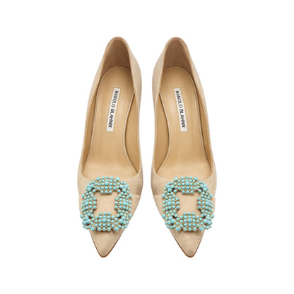 Manolo Blahnik Hangisi Beige Flannel Pumps With Turquoise Beaded Buckle Size 38.5