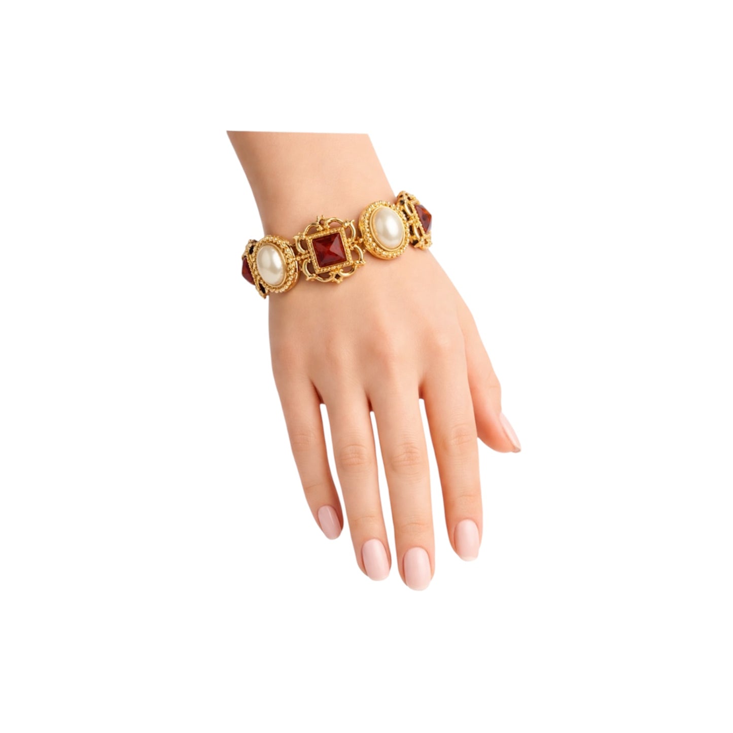 Ben Amun Gold Tone Faux Pearl And Red Stone Statement Bracelet