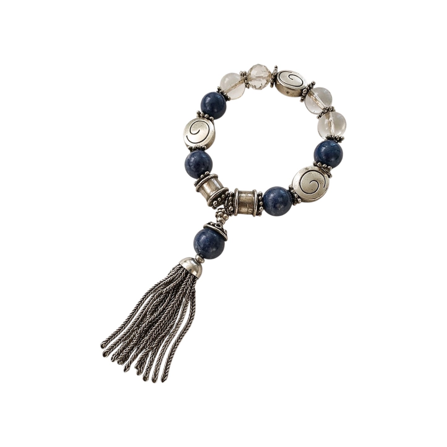 Blue Sodalite Clear Quartz Silvertone Beaded Tassel Bracelet