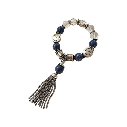 Blue Sodalite Clear Quartz Silvertone Beaded Tassel Bracelet