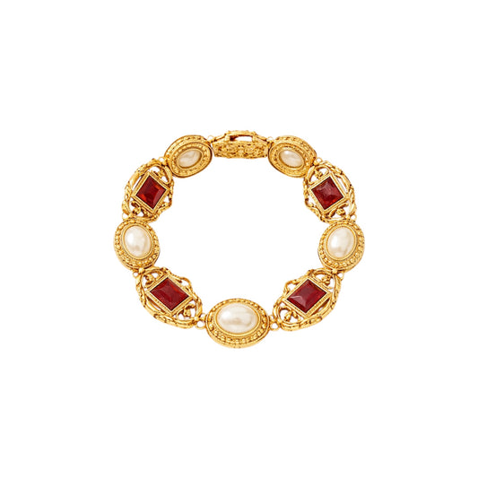Ben Amun Gold Tone Faux Pearl And Red Stone Statement Bracelet
