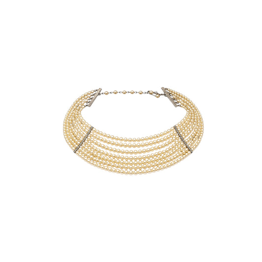 Vintage Multi Strand Faux Pearl Choker Necklace With Rhinestone Bars