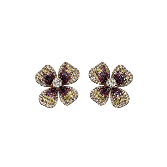 Vintage Multi-Tone Crystal Floral Clip-On Earrings Sterling Silver