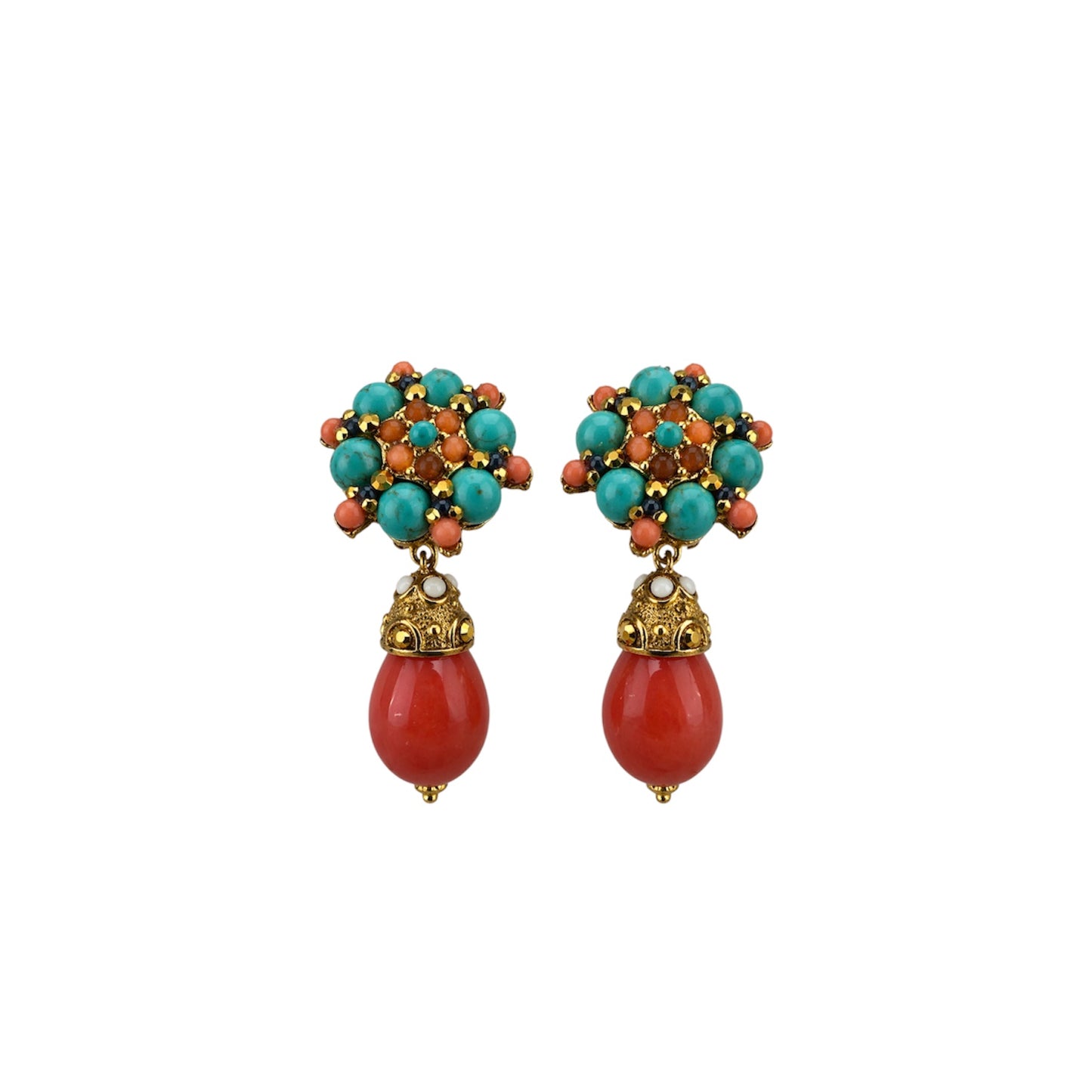 José And Maria Barrera Turquoise Coral Cluster Drop Earrin