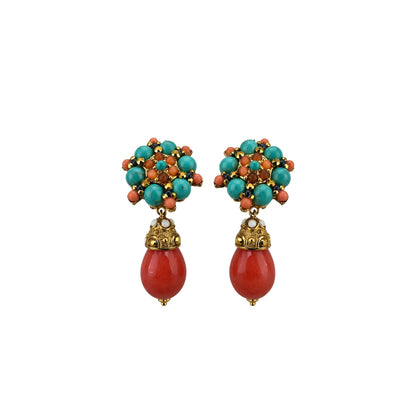 José And Maria Barrera Turquoise Coral Cluster Drop Earrin
