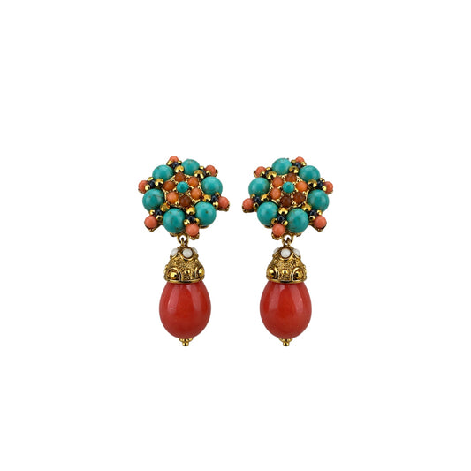 José And Maria Barrera Turquoise Coral Cluster Drop Earrin