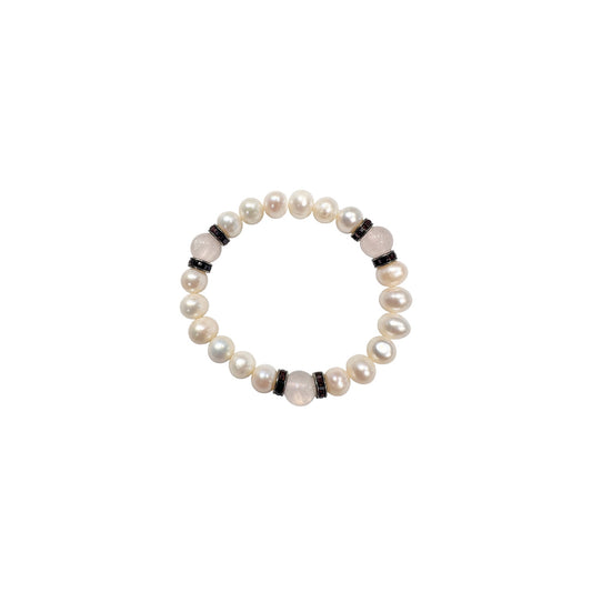 Freshwater Pearl & Rose Quartz Beaded Earrings Bracelet With Faceted Crystal Accents