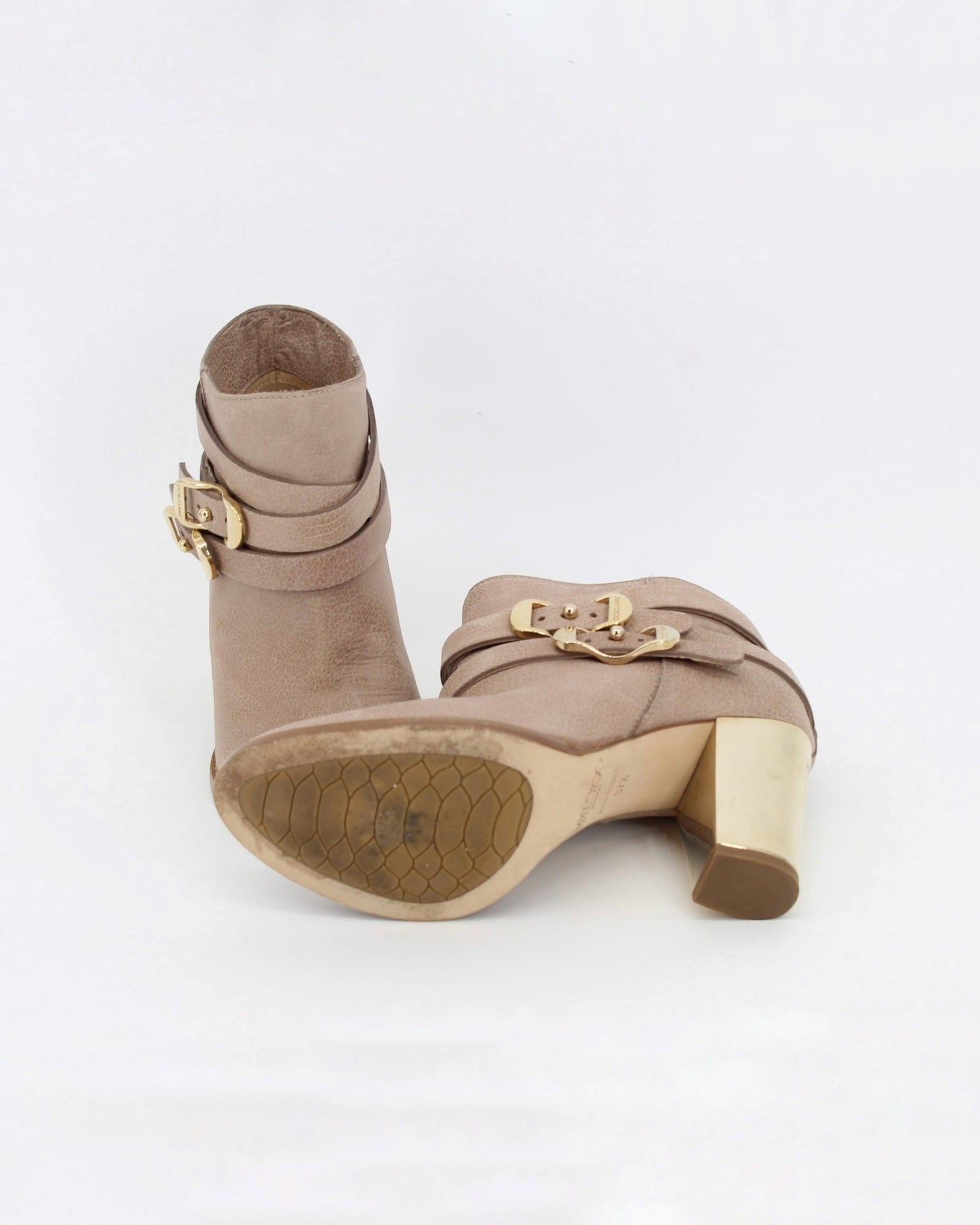 Jimmy Choo Taupe Gold Buckle Heel Ankle Boot Size 37.5