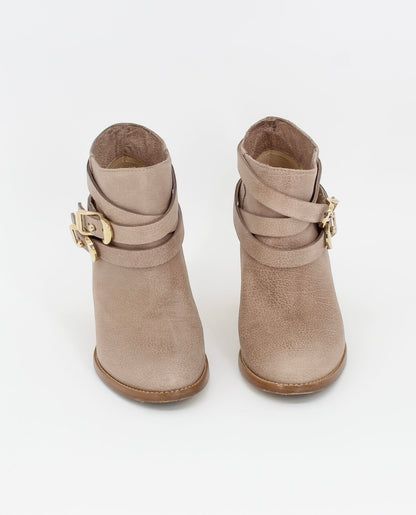 Jimmy Choo Taupe Gold Buckle Heel Ankle Boot Size 37.5