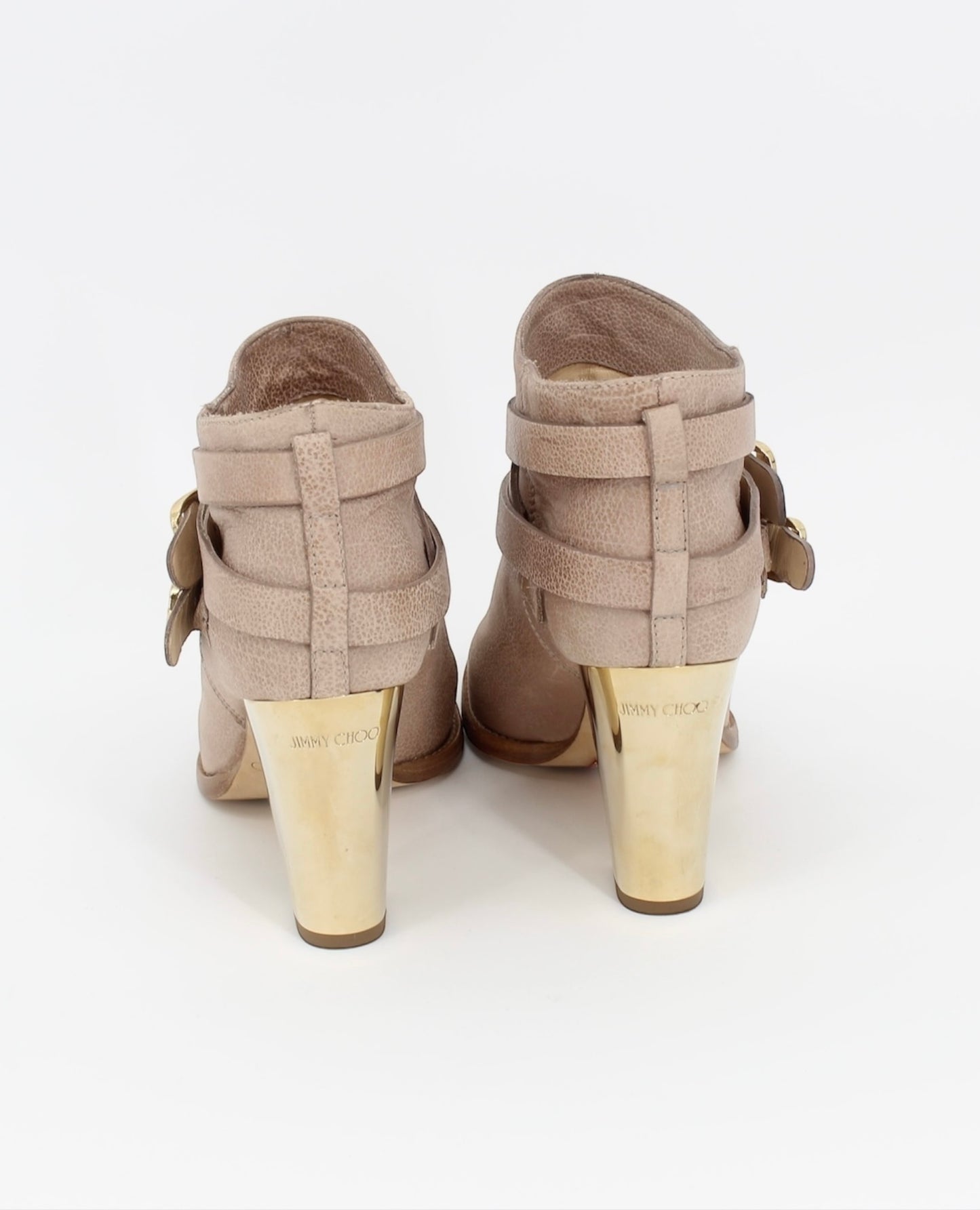 Jimmy Choo Taupe Gold Buckle Heel Ankle Boot Size 37.5