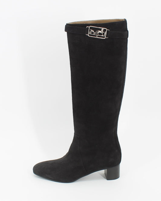 Hermés Black Suede Long Boots W/ Silver Carriage Buckle Size 37