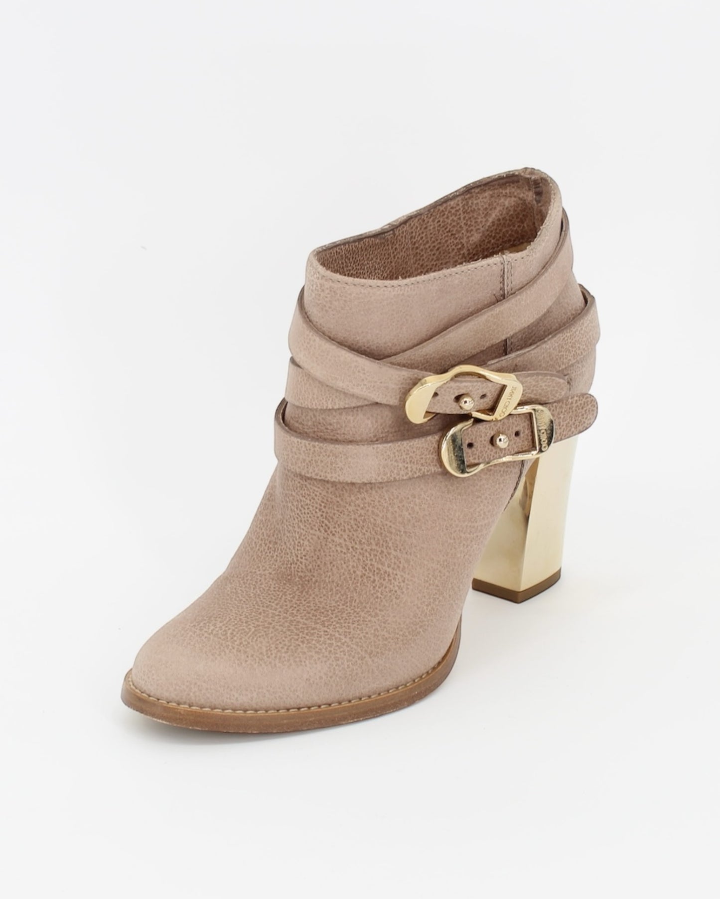 Jimmy Choo Taupe Gold Buckle Heel Ankle Boot Size 37.5