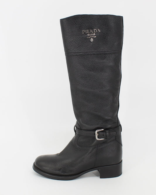Prada Black Pebbled Leather Riding Boots Size 36