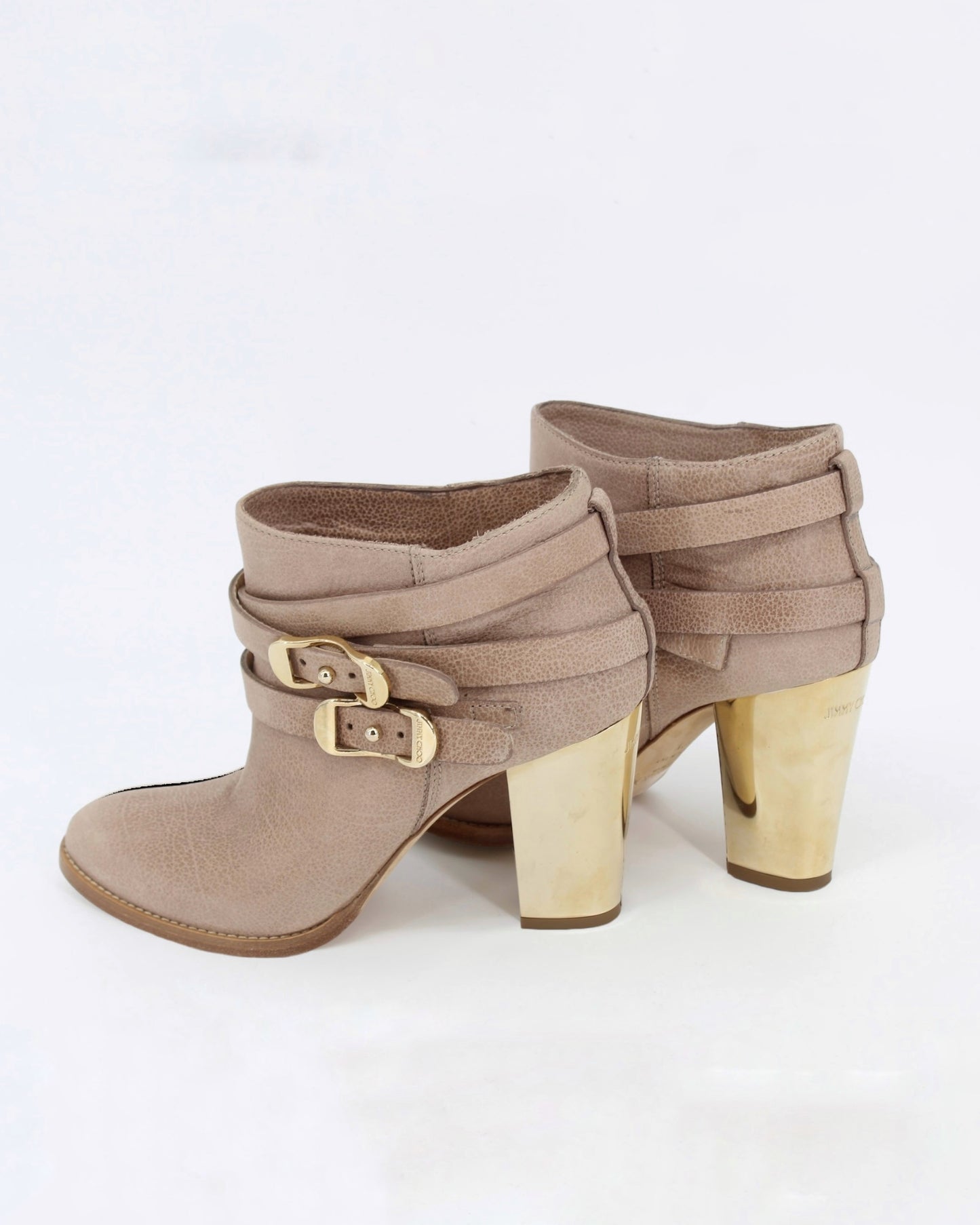 Jimmy Choo Taupe Gold Buckle Heel Ankle Boot Size 37.5