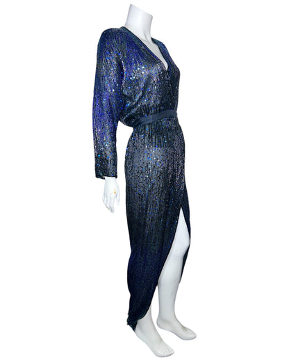 Vintage Halston Navy Blue Sequined V-Neck Wrap Maxi Size 8 – Couture Blowout Vintage Halston Navy Blue Sequined V-Neck Wrap Maxi Size 8 – Couture Blowout