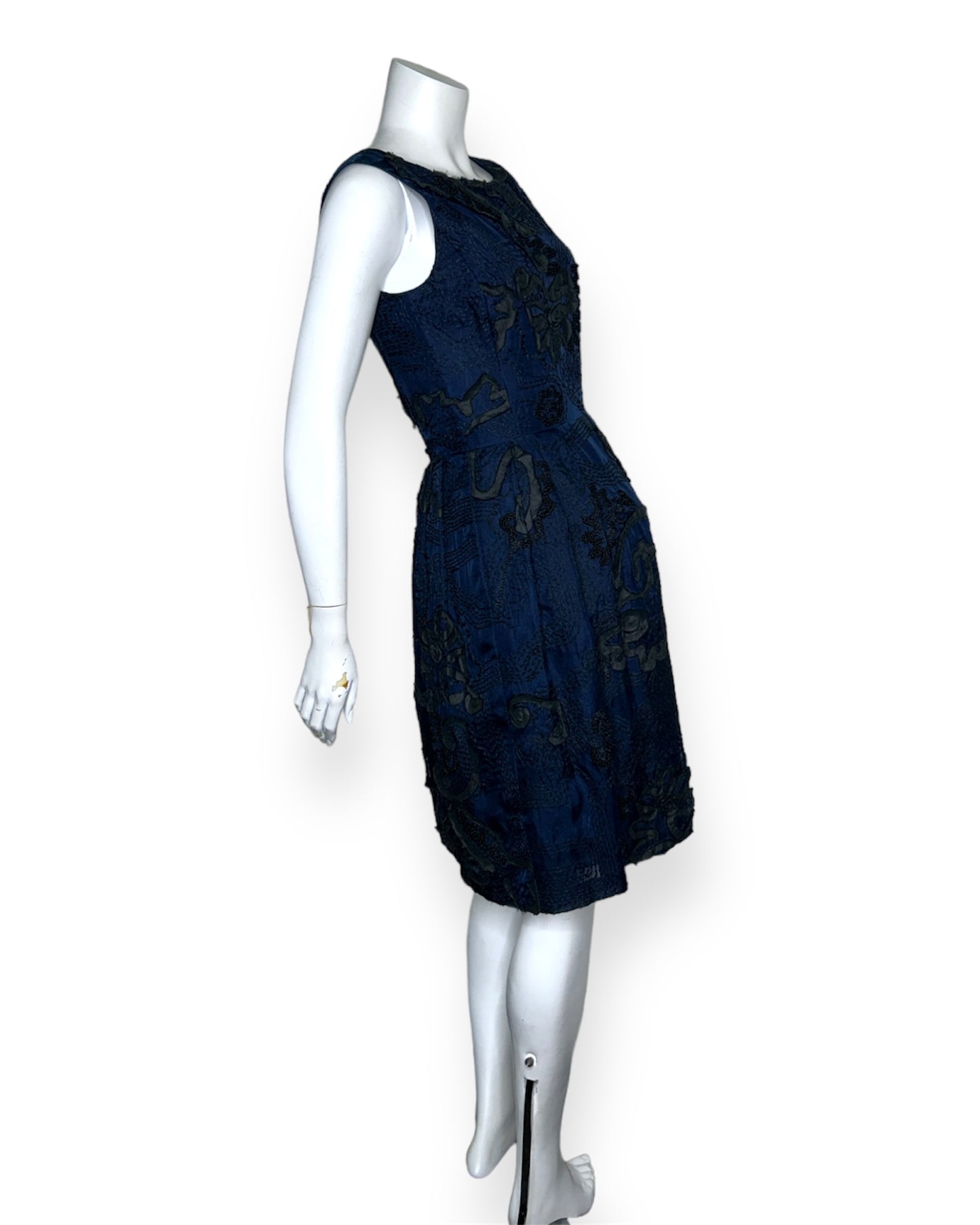 Oscar de la Renta Blue and Black Floral Pique Dress Size 4