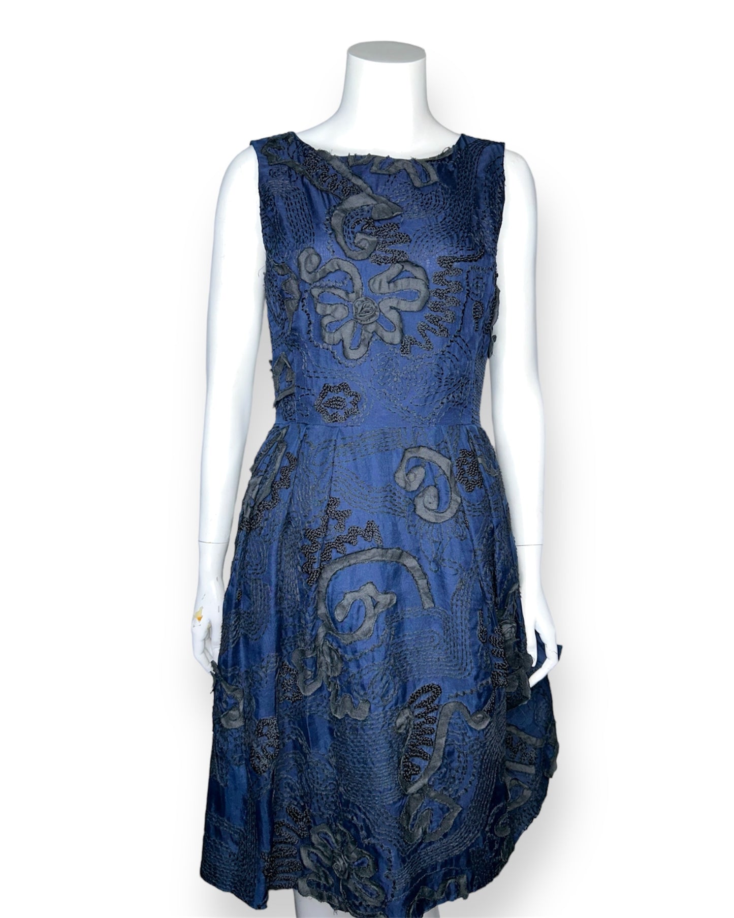 Oscar de la Renta Blue and Black Floral Pique Dress Size 4