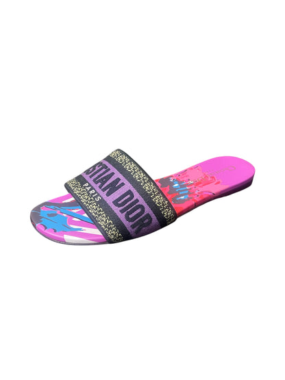 Christian Dior Dway Embroidered Logo Slide Sandals – Multicolor Print. Size 37.5 EU/ 7 US