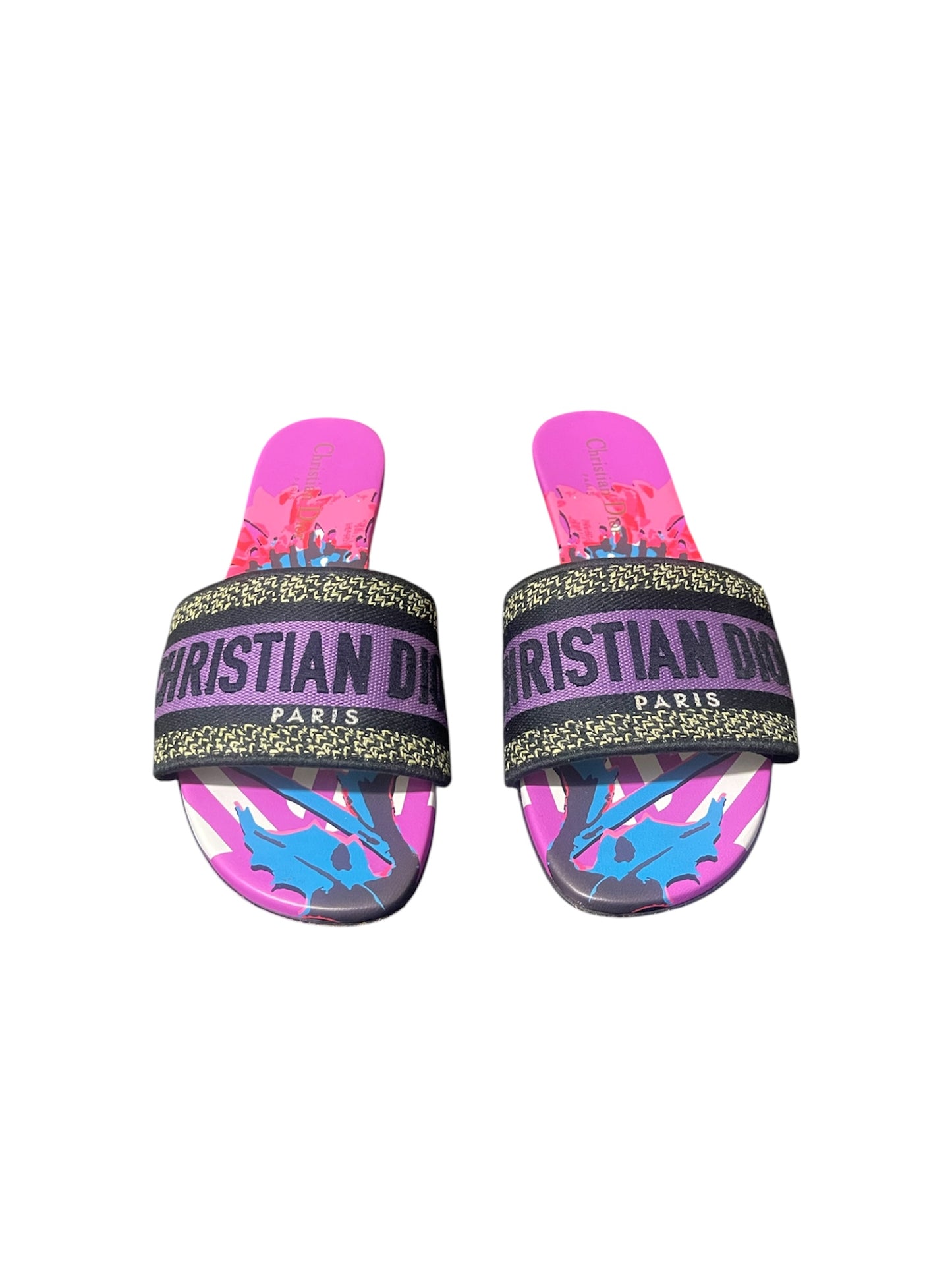 Christian Dior Dway Embroidered Logo Slide Sandals – Multicolor Print. Size 37.5 EU/ 7 US