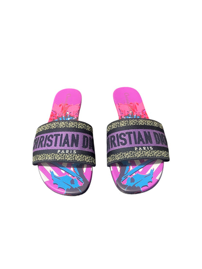 Christian Dior Dway Embroidered Logo Slide Sandals – Multicolor Print. Size 37.5 EU/ 7 US