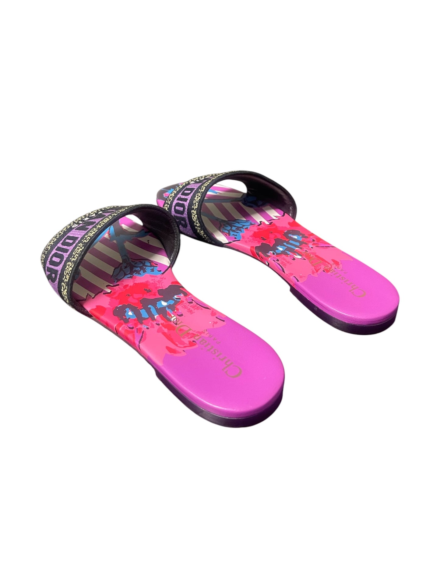 Christian Dior Dway Embroidered Logo Slide Sandals – Multicolor Print. Size 37.5 EU/ 7 US