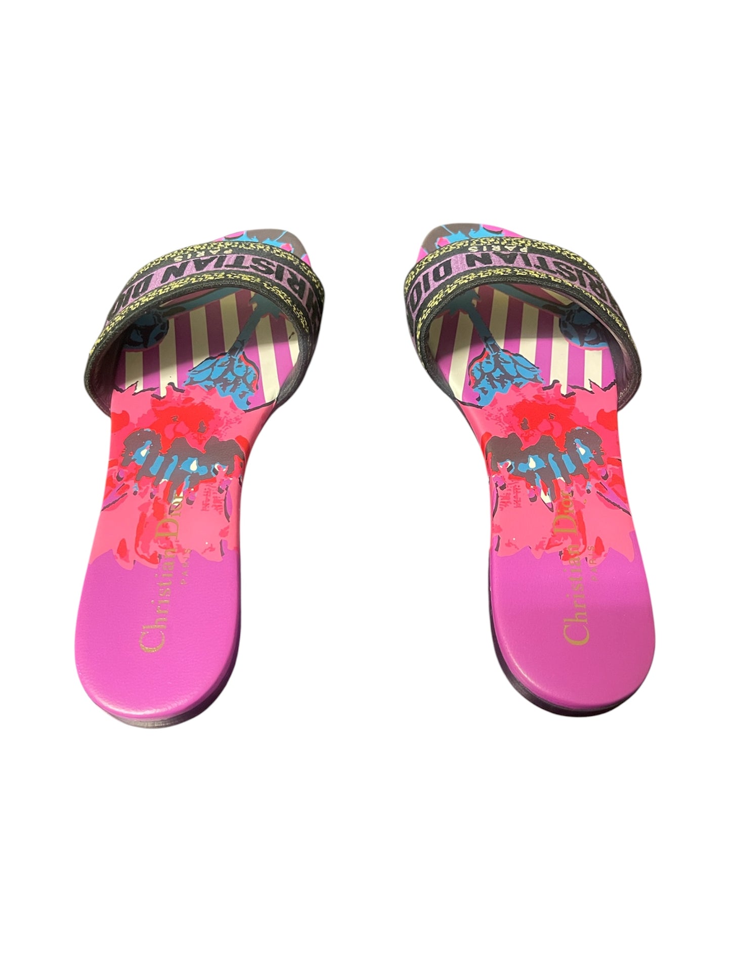 Christian Dior Dway Embroidered Logo Slide Sandals – Multicolor Print. Size 37.5 EU/ 7 US