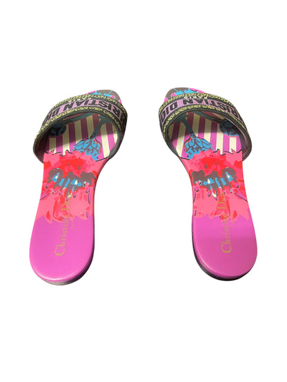 Christian Dior Dway Embroidered Logo Slide Sandals – Multicolor Print. Size 37.5 EU/ 7 US