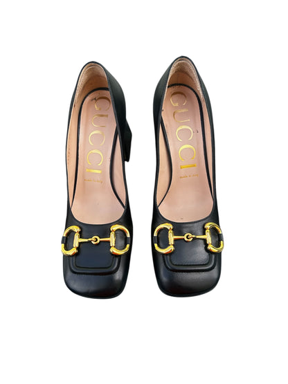 Gucci Black Leather Gold Horsebit Shoes. Size 7.5
